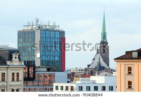 Pilsen skyline with great gothic cathedhral st. Bartholomew and modern architecture. Czech Republic. Europe.