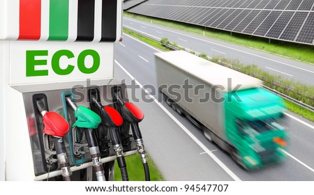 Gas station and truck. Ecology transportation concept.
