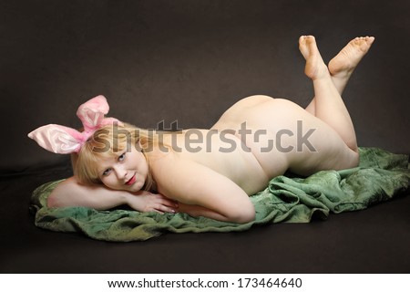 Plus Size Woman With Rabbit Ears. Retro Style Picture On Easter Theme.