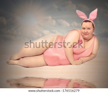 Funny Easter Bunny relaxing on the beach. Retro style Easter postcard.
