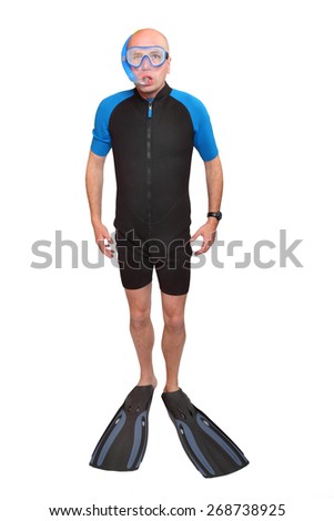 Scuba diver with diving mask, wetsuit and flippers isolated on a white background.
