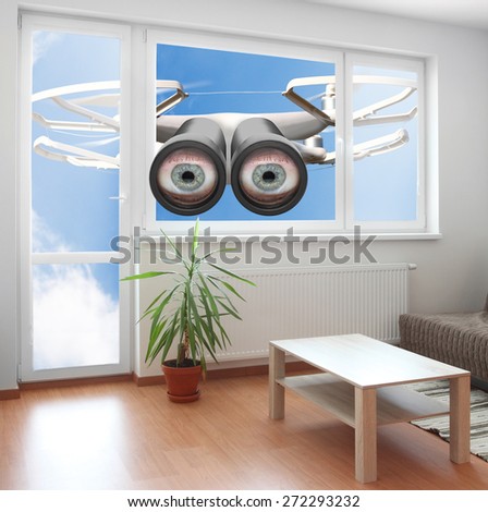 Drone spying through window your living room. Privacy policy concept.