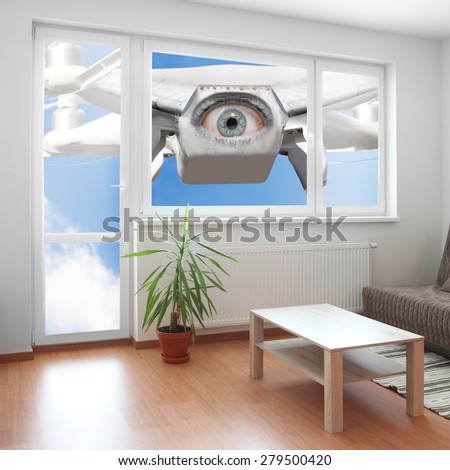 Drone spying through window your living room. Privacy policy concept.