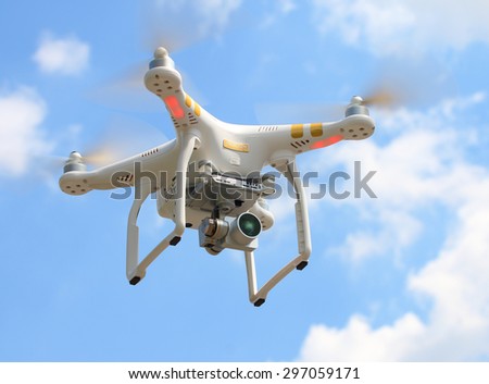PILSEN CZECH REPUBLIC - JULY 16, 2015: Drone quadrocopter Dji Phantom 3 Professional with high resolution digital camera (High quality 4K). New tool for aerial photo and video.