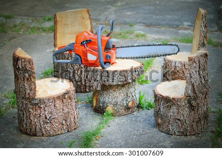 Chainsaw and carpentry products. Garden table and chairs from spruce logs.