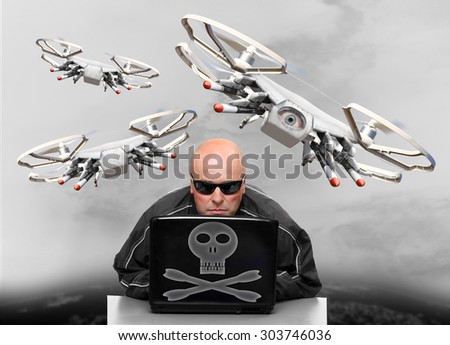 Dangerous terrorist or spy as a drone operator preparing attack on your privacy and life.