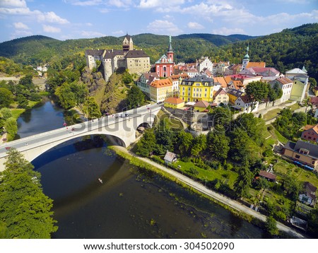 Aerial view of medieval town Loket nad Ohri nearby Karlovy Vary spa in Czech Republic. Central Europe.