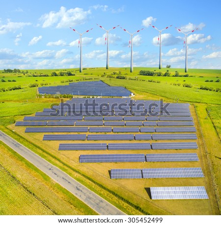 Industrial landscape with different energy resources. Sustainable development.