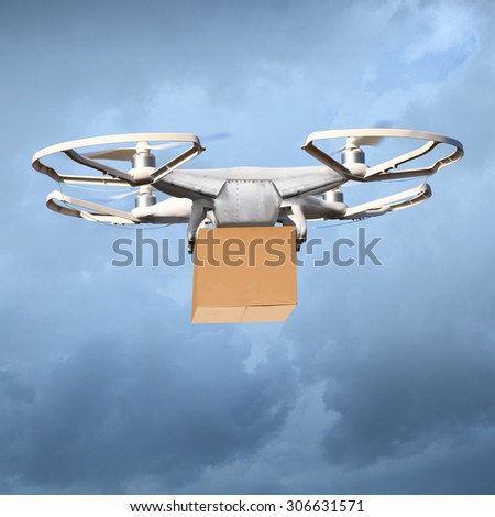 Drone is new tool for delivery.  Digital artwork fictional vehicle on shopping theme. Picture with space for your text.