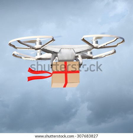 Drone parcel delivery. Digital artwork fictional vehicle on shopping theme.