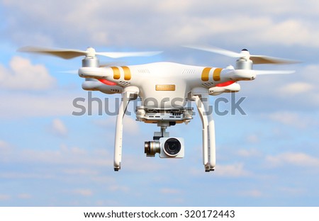 PILSEN CZECH REPUBLIC - SEPTEMBER 24, 2015: Drone quadrocopter Dji Phantom 3 Professional with high resolution digital camera (High quality 4K). New tool for aerial photo and video.