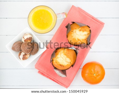 Breakfast with muffins ,juice, fruit and chocolate