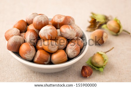 Hazelnuts with shell in a bowl on the  table