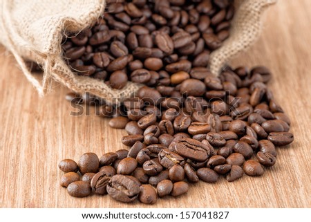 Coffee beans in coffee bag made from burlap on wooden