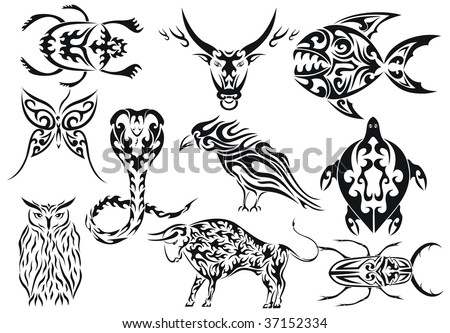 stock vector Set of vector animals tribal tattoos