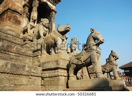 Sculptures of animals - protectors at the temple stairs in Bhaktapur