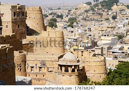 View of Jaisalmer from city fort in Rajasthan,India,South Asia.Golden fort listed as unesco heritage