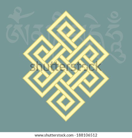Endless knot,one of eight auspicious buddhist religious symbols , with mantra om mani padme hum on background, vector illustration