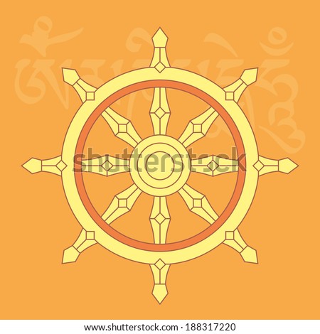 Wheel of dharma,one of eight auspicious buddhist religious symbols with mantra om mani padme hum on background, vector illustration