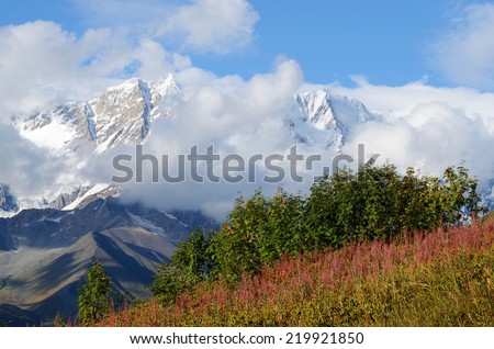Mountain landscape in Upper Svaneti, zone of alpine meadows,famous trekking destination ,Caucasus mountains, Georgia, Europe