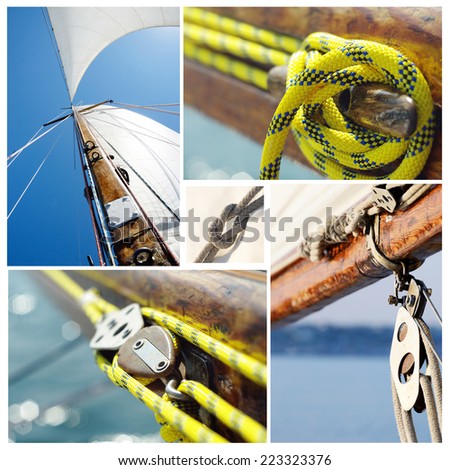Collage of old sailing boat equipment - vintage wooden mast,sails, ropes, knots,snatch cleats and pulley blocks