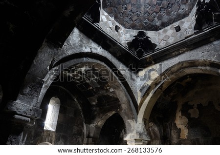 Old ancient christian church interior with amazing natural light,  Hayravank Monastery, Armenia