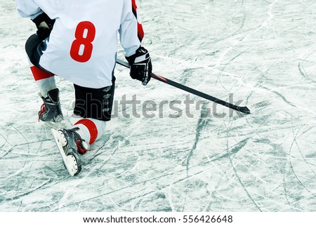 Hockey player with stick on the ice.