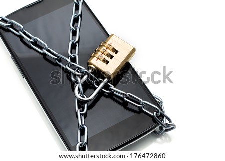 Modern smartphone with combination lock padlock. Concept of mobile phone security