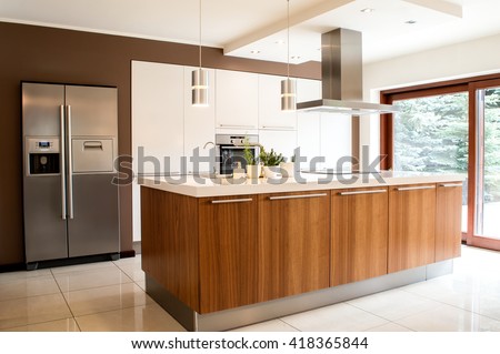 Conception of modern kitchen with household goods