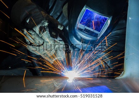 welder Industrial automotive part in factory Welder at work welding splatter