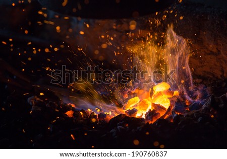 burning charcoal background with fire and sparks