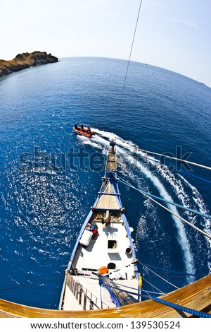 View from the mast of a live aboard dive boat in Komodo, Indonesia.
