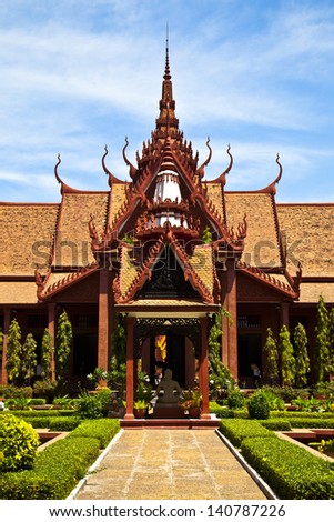 A beautiful example of the symmetry in traditional Khmer architecture at Cambodia\'s National museum in Phnom Penh.