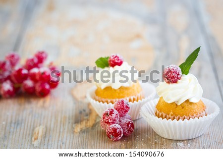 mini cupcakes decorated with white frosting, sugared red currant and fresh mint leaves. Selective focus