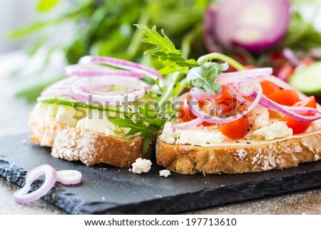 Open sandwich with feta cheese, tomatoes, cucumber and onion rings. Selective focus.