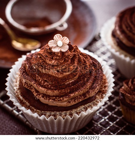 Beautiful chocolate cupcakes with butter cream, cocoa and little