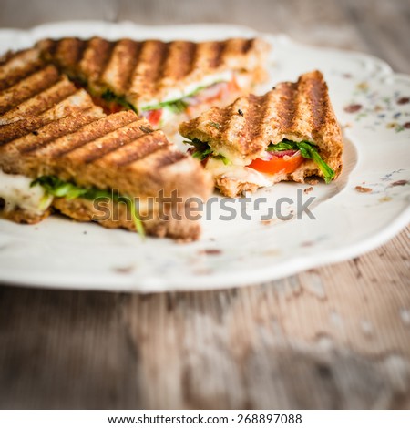 Vegetarian panini with tomatoes and mozzarella on rustic wooden table. Selective focus.