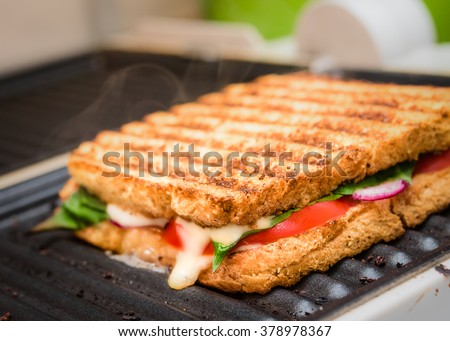 grilled sandwich / panini on grill, selective focus
