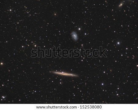 Spiral Galaxies NGC4517 and NGC4517A: A pair of spiral galaxies about 40 million light years away in the constellation Virgo. NGC4517 is the edge on galaxy at the bottom and NGC4517A is at the top.