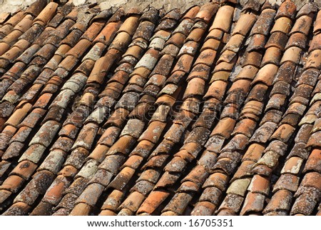 Old tiled red roof with moss showing weathered age