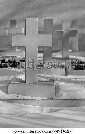 white crosses on the graves of warriors at Lviv cemetery, Ukraine