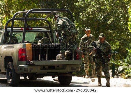 Chiapas, Mexico: 25 March, 2015. Mexican army soldiers in Chiapas, Mexico