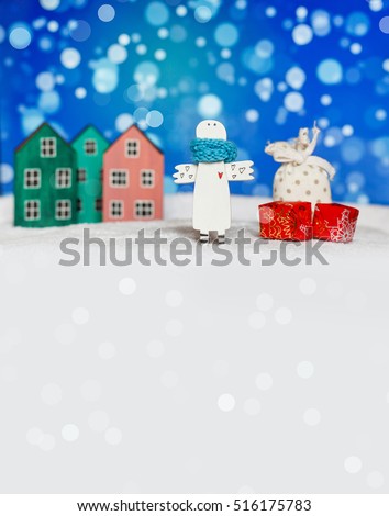 New year and Christmas card. Holiday and celebration concept. Christmas background. Christmas and New Year. Christmas angel with gifts