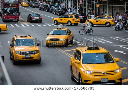 New York City - July 08: Busy Traffic With Yellow Cab Taxi Cars On July 08, 2013 In Manhattan, New York City.