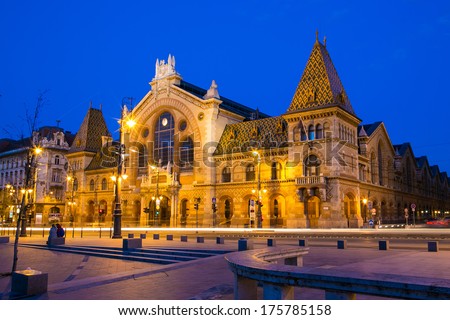 Great market hall of Budapest Hungary in evening lights