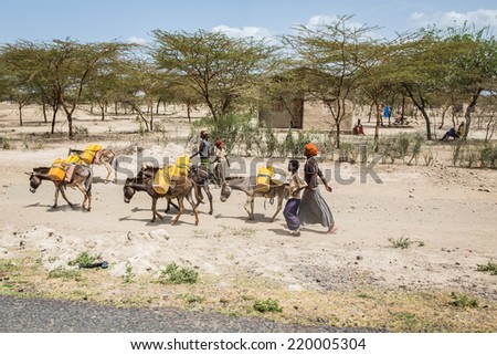ROAD NO. 6, ETHIOPIA - JUNE 18: Unidentified woman transports water with a donkeys in a roadside scene in Ethiopia on June 18, 2012 On Road nr.6, Ethiopia.