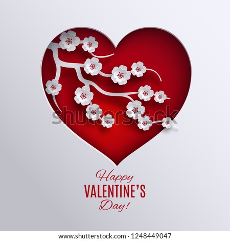 Happy valentine\'s day banner. Paper cut red heart, cherry flowers, white background. Holiday design for happy valentine day greeting card, poster, banner, paper cutout art style. Vector illustration