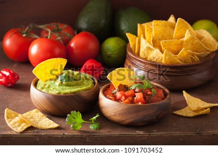 mexican guacamole and salsa dip, nachos tortilla chips