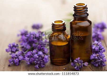 essential oil and lavender flowers