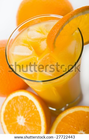 glass of orange juice with ice cubes